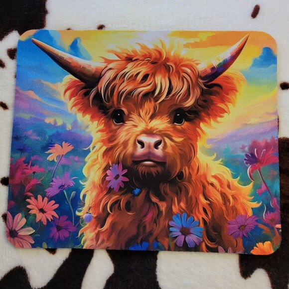 Baby Highland Cow Floral Computer Non Slip Custom Mouse Pad Handmade - Picture 10 of 10